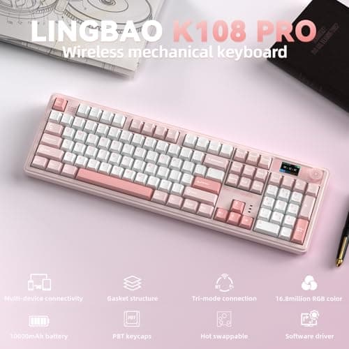 CORBOBO LINGBAO K108 Pro Wireless Mechanical Keyboard with Screen & Knob, Full Size Creamy Keyboard with Number Pad, 10000mAh Battery, PBT Keycaps, RGB Backlit, Hot-swappable Gaming Keyboards 2