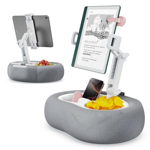 TAZENI Tablet Kindle Pillow Stand Holder with 2 Trays Fit 4''-13'' Phone/Tablet/Kindle iPad Holder Stand for Bed with Soft Plus Fabric Reading Accessories Gift for Reading, Gray
