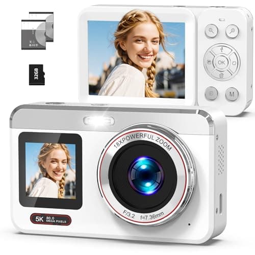 Hoorola Digital Camera, 5K Vlogging Camera for Photography, 80MP Dual Screen Point and Shoot Digital Camera with Auto Focus, 18X Zoom, Flash, 2 Batteries, 32GB Card for Teens and Adults (White)