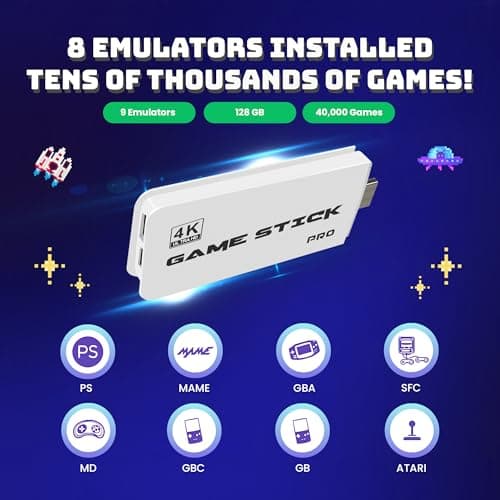 Boltz Retro Stick Gaming Stick – Retro Gaming Console with 40,000+ Classic Video Games, 9 Emulators, 128GB Storage, Plug & Play 4K HDMI Output, Includes 2 Wireless 2.4GHz Controllers 5