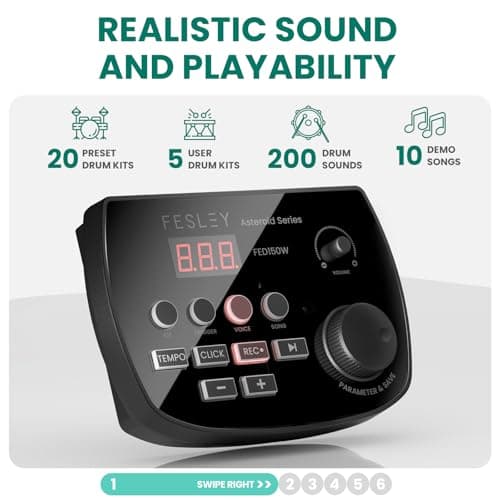 Fesley FED150W Electric Drum Set: Dual Zone Snare Drum,2 Cymbals w/Choke, 200 Sounds, 4 Quiet Mesh Drum Pads, Portable Electronic Drum Kit for Beginner, Bluetooth, MIDI, Throne, Headphone, Sticks 2