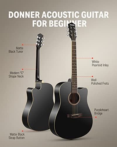 Donner Black Acoustic Guitar for Beginners, Adult, Teens, Starter Kits - Full Size 41'' Steel-String Acustica Guitarra Bundle Set with Free Online Lesson, Gig Bag, Strap, Tuner, Cutaway, DAG-1CB 2