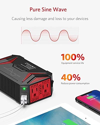BESTEK Pure Sine Wave Power Inverter - 300W Car Plug in Charger Outlet DC 12V to 110V AC - Cigarette Lighter Adapter with 4.8A Dual USB Fast Charging Ports for Laptop - Aluminum Housing - Black 2