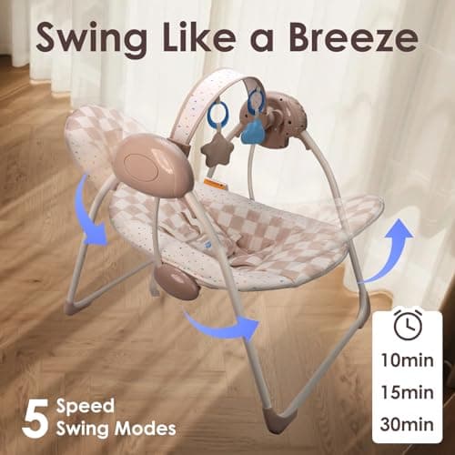 Baby Swings for Infants, Tiny Marvels Portable Swing with Adaptable Speed, Music, Removable-Toy-Bar, Foldable Infant Swing for Indoor and Outdoor Use, 0-9 Months 6-20 lbs(Sander Checker) 2