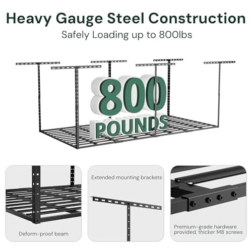 SunsGrove 4x8 Overhead Garage Storage Rack Organization, Adjustable Ceiling Mounted Storage Racks, 800LBS Weight Capacity, 22"-40" Ceiling Dropdown, Black 3