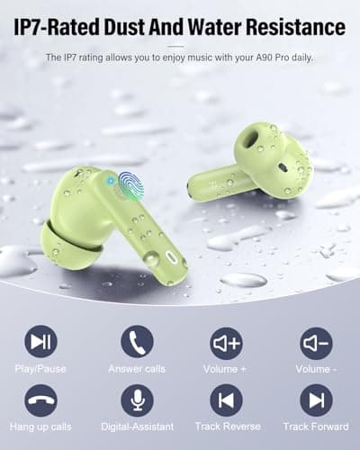 Wireless Earbuds, Bluetooth 5.4 Headphones Bass Stereo, Ear Buds with Noise Cancelling Mic, LED Display in Ear Earphones Clear Calls, IP7 Waterproof Bluetooth Earbuds for Laptop/Phones, Grass Green 5