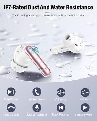 Wireless Earbuds, Bluetooth 5.4 Headphones Bass Stereo, Ear Buds with Noise Cancelling Mic, LED Display in Ear Earphones Clear Calls, IP7 Waterproof Bluetooth Earbuds for Laptop/Phones, Rose Gold 5