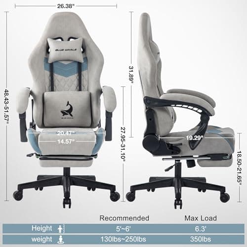 Blue Whale Gaming Chair for Adult 350lbs Computer Chair with Adjustable Lumbar Support Headrest and Footrest Large Size Reclining Gaming Chair Big and Tall Linkage Armrest 3