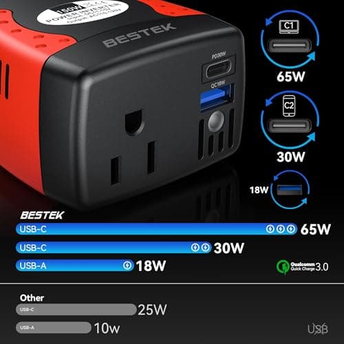 BESTEK 150W Power Inverter 12V to 110V Voltage Converter PD30W QC18W Car Charger Power Adapter with Charging Ports 2