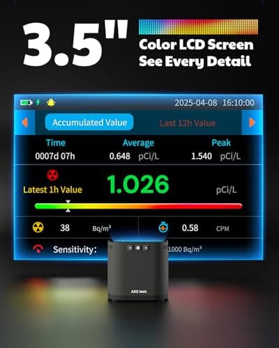 AEGTEST HOUND-3786 Radon Detector for Home, 10-Min Update, 3.5" Large Display, Long-Term Radon Monitoring with Data Charts, PDF Export, Audible & Visual Alarm, pCi/L & Bq/m³ -Black 3