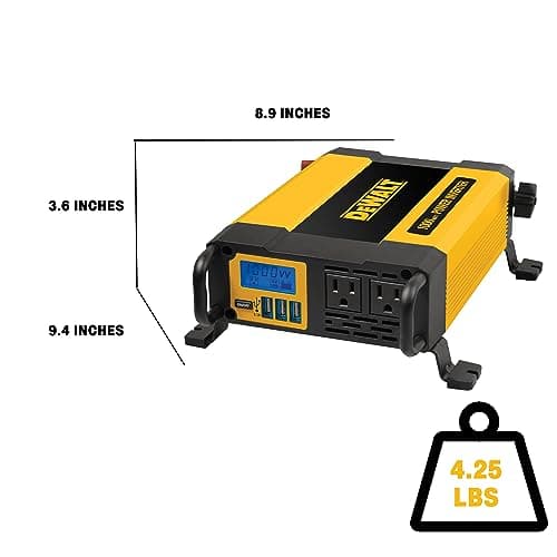 DEWALT DXAEPI1000 Power Inverter 1000W Car Converter with LCD Display: Dual 120V AC Outlets, 3.1A USB Ports, 12V DC Adapter, Battery Clamps 3