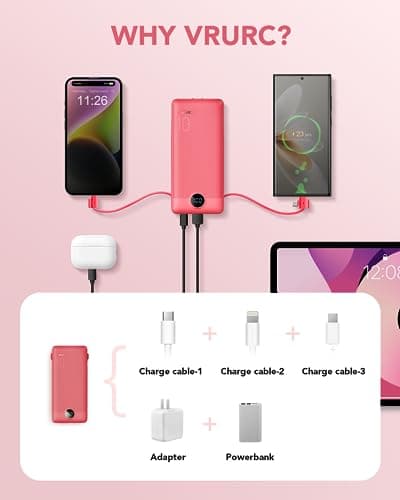 Portable Charger Built-in Cables and AC Wall Plug, VRURC USB C Power Bank 10000mAh, Travel Battery Portable Phone Charger Compact Lightweight External Battery Pack for SmartPhones,Tablets-Viva Magenta 4