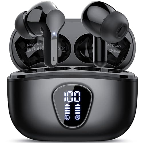 Wireless Earbuds, Bluetooth 5.4 Headphones HiFi Stereo, Bluetooth Earbuds with ENC Noise Cancelling Mic, IP7 Waterproof in Ear Earphones, 48H, LED Display Ear buds for Pad Phones Workout Sports, Black
