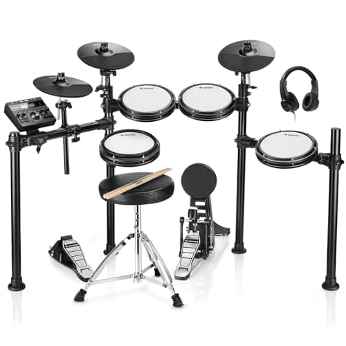 Donner DED-200 Electric Drum Sets with Quiet Mesh Drum Pads, 2 Cymbals w/Choke, 31 Kits and 450+ Sounds, Throne, Headphones, Sticks, USB MIDI, Melodics Lessons (5 Pads, 3 Cymbals)