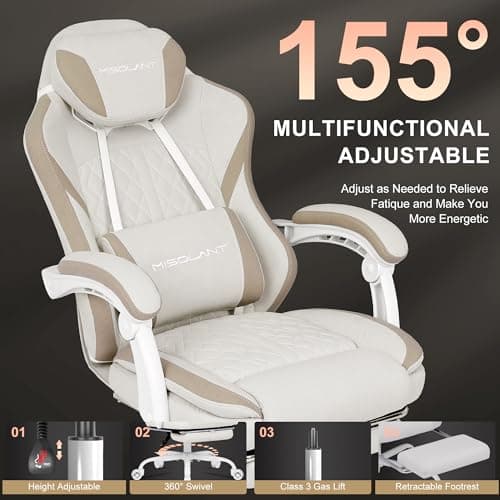Misolant Gaming Chair, Fabric Gamer Chair with footrest for Adults, High Back Ergonomic Computer Game Chair with Adjustable Headrest and Massage Lumbar Support, 90-155° Recline Free, Beige 4