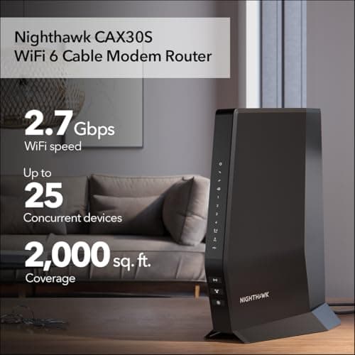 NETGEAR Nighthawk Modem Router Combo (CAX30S) DOCSIS 3.1 Cable Modem and WiFi 6 Router - AX2700 6.0 Gbps - Compatible with Xfinity, Spectrum, Cox, and More - Gigabit Wireless Internet - NETGEAR Armor 2