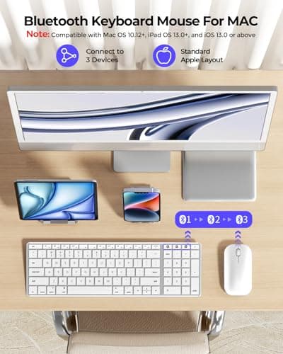 seenda Bluetooth Keyboard and Mouse for Mac, SKM64-2 Multi-Device Rechargeable Slim Wireless Keyboard Mouse Stainless Steel Full Size, Compatible with MacBook Pro/Air, iPad, Mac - White Silver 2
