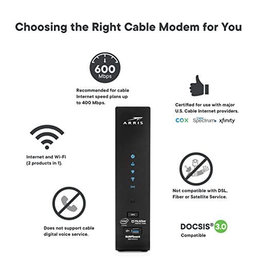 ARRIS (SBG7600AC2) - Cable Modem Router Combo - DOCSIS 3.0 & AC2350 WiFi, for Comcast Xfinity, Cox, check with ISP for compatibility [Not for Spectrum] Four 1 Gbps Ports , 800 Mbps Max Internet Speeds 5