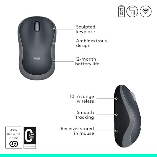 Logitech M185 Wireless Mouse, 2.4GHz with USB Mini Receiver, 12-Month Battery Life, 1000 DPI Optical Tracking, Ambidextrous PC/Mac/Laptop - Swift Grey 3