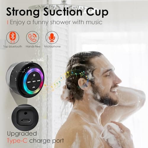 XLeader Shower Speaker, Upgraded,Certified IPX7 Waterproof, Mini Bluetooth Wireless Small Speaker with Lights, Suction Cup and Mic for Bathroom, Crystal Sound&Bass,12H Playtime, Ideal Electronic Gifts 4