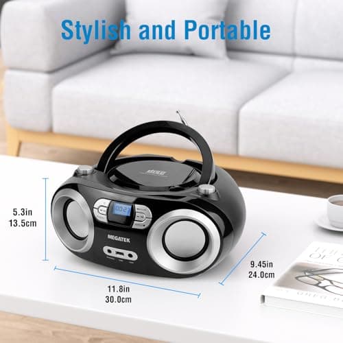 MEGATEK Portable CD Player Boombox with FM Radio, Bluetooth, USB Port, AUX Input, and Headphone Jack – CD-R/CD-RW/MP3-CD Compatible, Clear Stereo Sound, Backlit LCD Display – Black 5