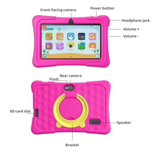 Kids Tablet, 7 inch Android 15 Tablet for Kids, 8GB+32GB 1TB Expand, Quad-Core Toddler Tablets with Shockproof Case, BT5.0, WiFi 5, Parental Control, Games, Dual Camera (Rose) 4
