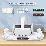 Charging Dock for Meta Quest 3, Auto-Clamping VR Charging Stand for Quest 3 VR Headset and Controllers, Magnetic Fast Charging Station Accessories with 2 Rechargeable Batteries, LED Indicator 2