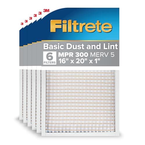 Filtrete 16x20x1 AC Furnace Air Filter, MERV 5, MPR 300, Capture Unwanted Particles, 3-Month Pleated 1-Inch Electrostatic Air Cleaning Filter, 6-Pack (Actual Size15.69x19.69x0.81 in)
