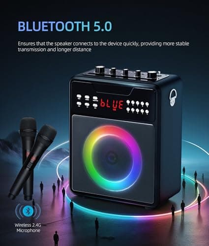 Karaoke Machine for Adults, Portable Bluetooth Speaker with 2 Wireless Microphones and Lights Show, Karaoke Speaker with Bass & Treble, Supports for TWS,USB,FM,REC,AUX in,TF Card for Party/Meeting 2