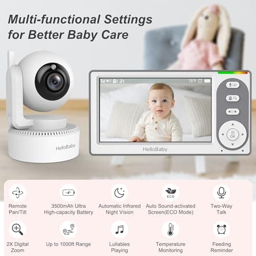 HelloBaby 4.3'' Video Baby Monitor with 30 Hours Battery, Remote Pan-Tilt-Zoom Baby Monitor No WiFi, Baby Monitor with Camera and Audio, Night Vision, ECO Mode, Two-way Talk, 8 Lullabies, 1000ft Range 2