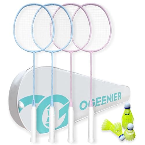 OGEENIER Badminton Rackets, 4 Pack, Lightweight Badminton Racquet for Beginner, Pink and Blue Badminton Set with 6 Nylon Shuttlecocks