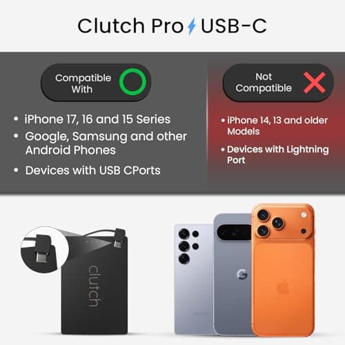 Clutch - Pro USB-C Portable Charger - Compatible with iPhone 15,16, 17 & Android Devices - Power Bank Magnetic Battery - TSA Travel Approved - USB Rechargeable - Built-in Cable - 5000 mAh - 3.7oz 2