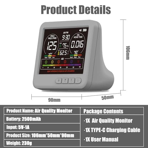 Professional Indoor Air Quality Monitor with 7X AQI,16 in 1 Portable Real-Time Detector for PM2.5 | PM10 | CO2 | TVOC | HCHO | Temp | Hum for Home Cars Plants Pets (Gray) 2