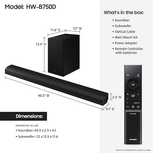 Samsung HW-B750D/ZA 5.1 ch Soundbar w/ Dolby Audio, Surround Sound expansion, Bass Boost, Adaptive Sound, DTS Virtual:X, Wireless Subwoofer, 2024 2