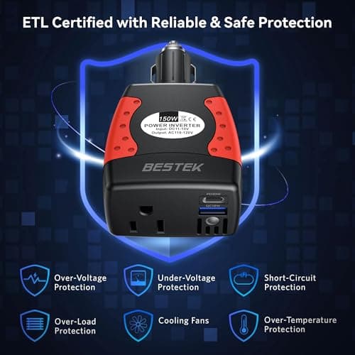 BESTEK 150W Power Inverter 12V to 110V Voltage Converter PD30W QC18W Car Charger Power Adapter with Charging Ports 3
