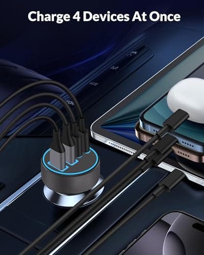 [4 in 1] USB C Car Charger, 4-Port 90W Super Fast Charging Cigarette Lighter Adapter, Dual 45W USBC & USB-A Multiport Car Phone Charger Accessories for iPhone 17 16 15 14 13 12, iPad, Galaxy, Tablet 3