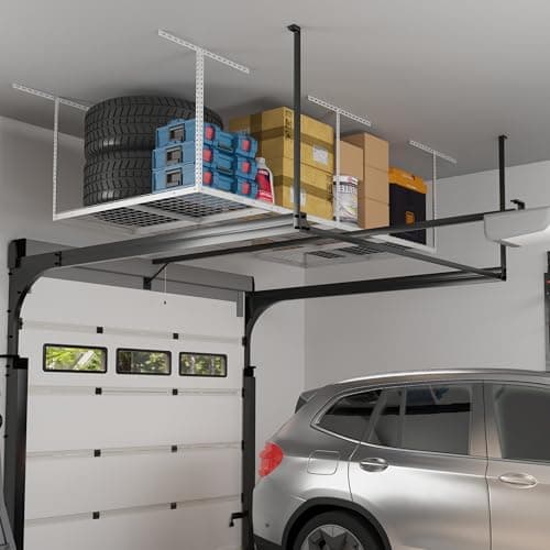 FLEXIMOUNTS 4x8 Overhead Garage Storage Rack, Adjustable Organization System, Heavy-Duty Metal Ceiling Racks, 750lbs Weight Capacity, White, Classic Series 2