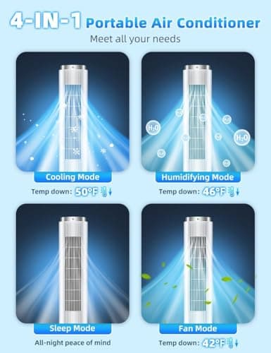 COOLECH 42 INCH Windowless Portable Air Conditioners w/4 Modes & 3 Speeds, 1-Gal Tank for 15H Cooling, 12H Timer, Swamp Cooler Air Conditioner No Window Needed, 90° Oscillating AC Unit for Bedroom 3