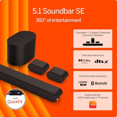 VIZIO 5.1 Soundbar SE, Wireless Subwoofer, Surround Sound w/Dolby Atmos & DTS:X, Bluetooth Speaker, QuickFit™ Compatible – SV510X-08 (New, 2024 Model) 2