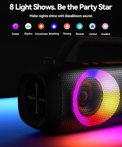 BassBloom Roar 1 Portable Bluetooth Speaker,60W Powerful Sound with Deep Bass,IPX6 Waterproof,24H Playtime,Bluetooth 5.4,RGB Party Lights,Wireless Stereo Pairing,Travel Outdoor for Camping and Beach 5