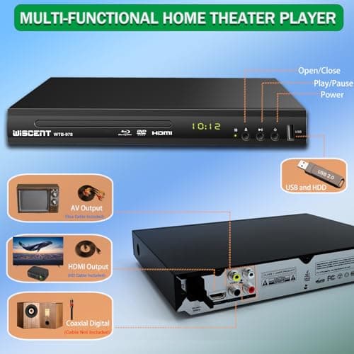 Blu Ray DVD Player, WISCENT Full HD 1080p Home Theater Disc System, Region A/1 Blu-Rays,HD Blu-Ray DVD Player for TV with Coaxial Audio/HDMI/AV/Output, USB Input, Built-in PAL NTSC 3