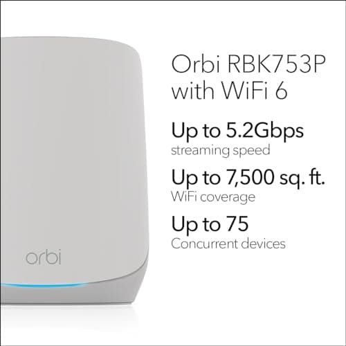 NETGEAR Orbi Whole Home Tri-Band WiFi 6 Mesh Network System (RBK753P) – Router with 2 Satellite Extenders – Security Features - Coverage up to 7,500 sq. ft., 75 Devices - AX5200 (Up to 5.2Gbps) 2
