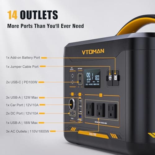 VTOMAN Jump 1800 Portable Power Station with Jump Start, 1548Wh LiFePO4 Solar Generator 1800W (Peak 3600W) AC Outlets, Regulated 12V DC, PD 100W Type-C for Home Backup RV/Van Travel Camping Road Trip 2