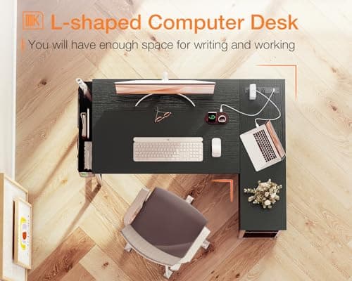 ODK 40 Inch Small L Shaped Gaming Computer Desk with Power Outlets, Reversible Storage Shelves & PC Stand for Home Office, Simple Writing Study Table with Storage Bag for Small Space, Black 5