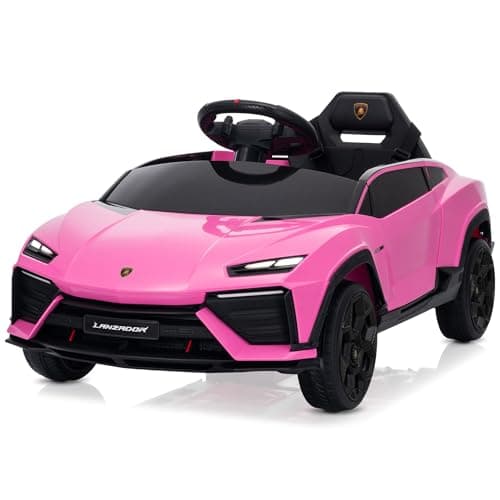 Kidzone Kids Electric Ride On 12V Licensed Lamborghini Lanzador Battery Powered Sports Car Toy with Parent Remote Control & Manual Drive, Bluetooth, LED Lights&Music - Pink