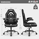 N-GEN Video Gaming Chair Ergonomic Computer Desk Office Chair with Lumbar Support Adjustable Height Swivel Wheels Flip-Up Arms PU Leather Home and Office (Black) 3