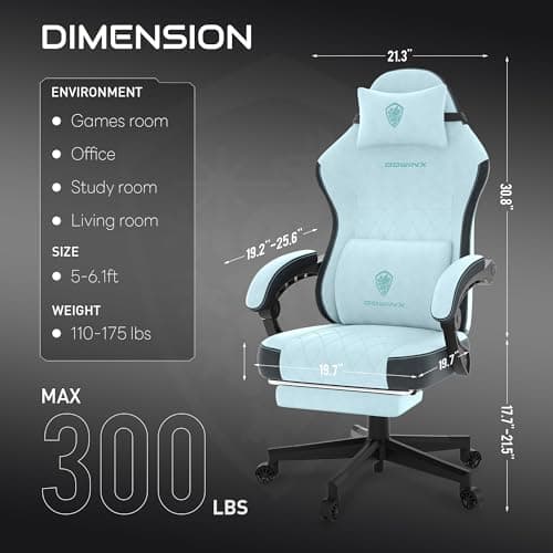 Dowinx Gaming Chair, Fabric Gaming Chairs for Adults with Pocket Spring Cushions and Lumbar Support, Ergonomic Massage Computer Chair with Footrest for Big and Tall, Aqua 3