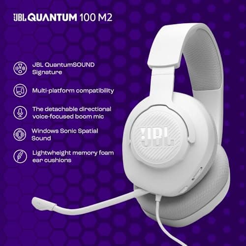 JBL Quantum 100M2 - Wired Over-Ear Gaming Headset with omnidirectional, Detachable mic with Mute Option and Fabric-Covered Memory Foam Ear Cushions, Compatible with All Platforms (White) 5