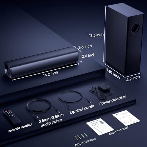 Saiyin Soundbar with 4'' Subwoofers - 70W Rounded-Edge Subwoofer & Compact Soundbar for TV, 2.1 Audio Enhanced Surround Sound System for TV, Bluetooth/Optical/AUX Connection for TV/PC 3