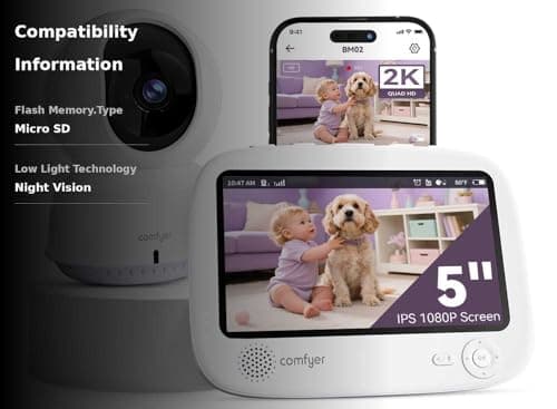 Comfyer Hybrid Video No WiFi & Smart WiFi Baby Monitor - 5" 1080P Split Screen & 2K Camera App Control, Motion Alerts, Sound Detection, HD Night Vision, 5050mAh Battery,Triple Security, 1600ft Range 3